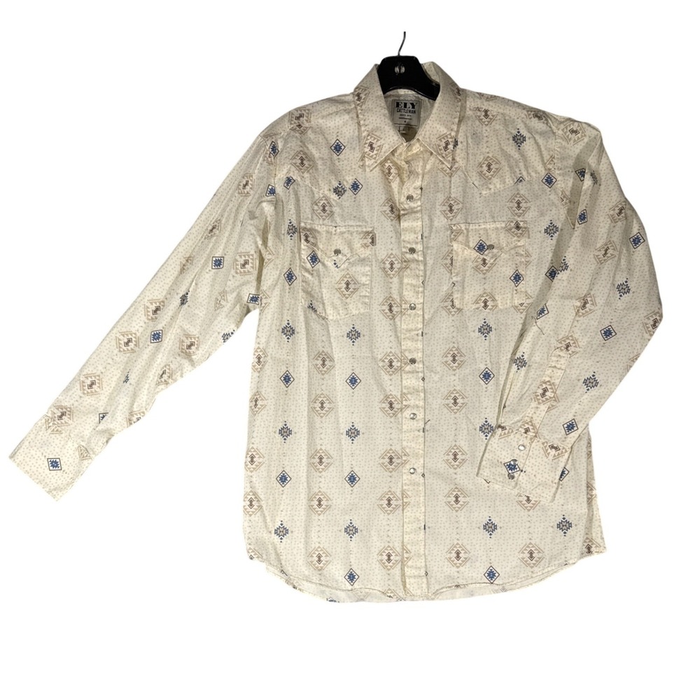 Ely Cattleman Mens Large Western Pearl Snap Shirt Geometric Southwestern Cream L